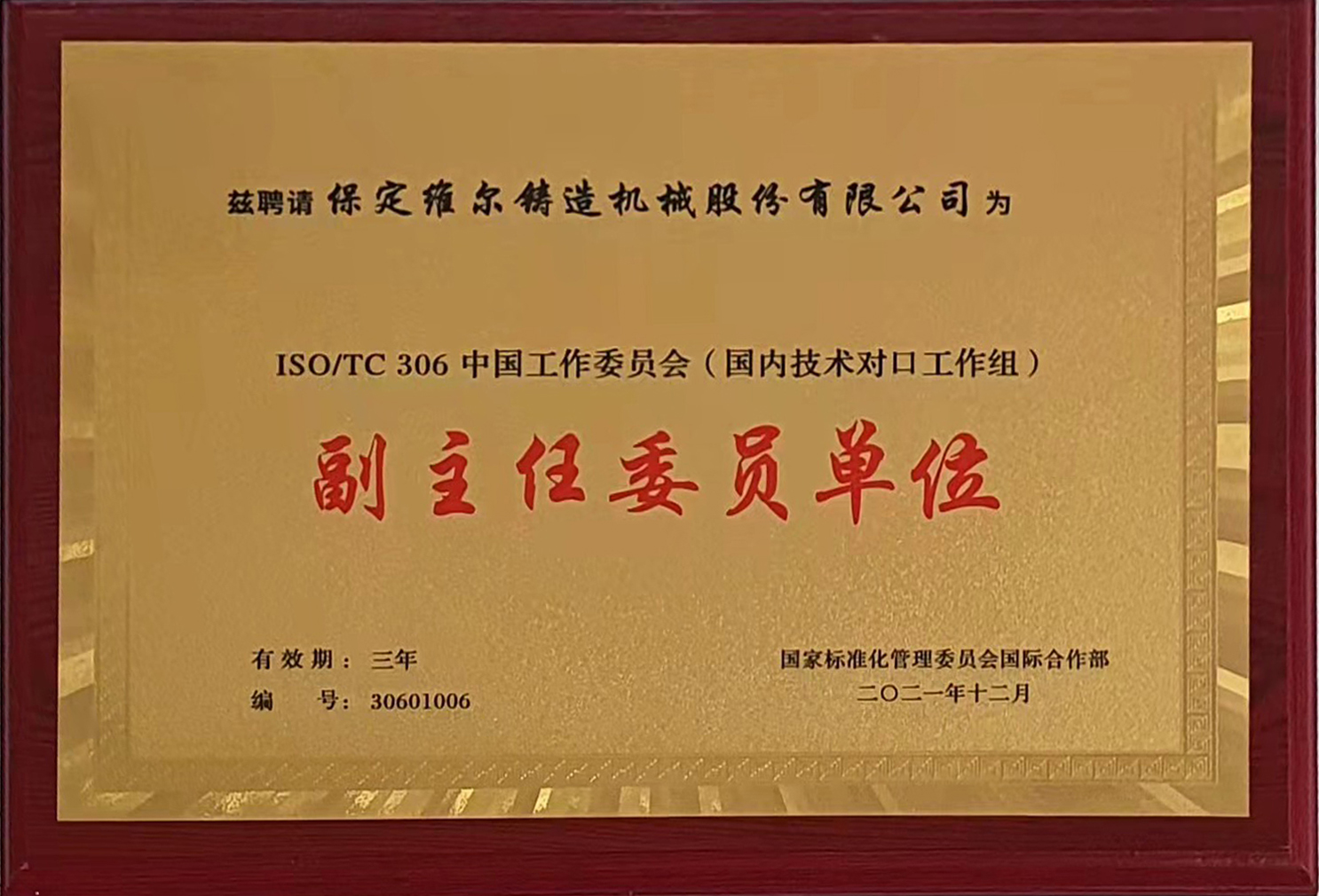 国际标准化组织铸造机械技术委员会 (ISO/TC306)中国是情委员会副主任委员单位